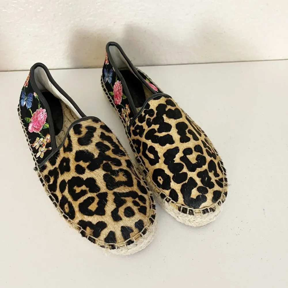 Johnny Was Garden black suede Leopard floral print Espadrilles 8